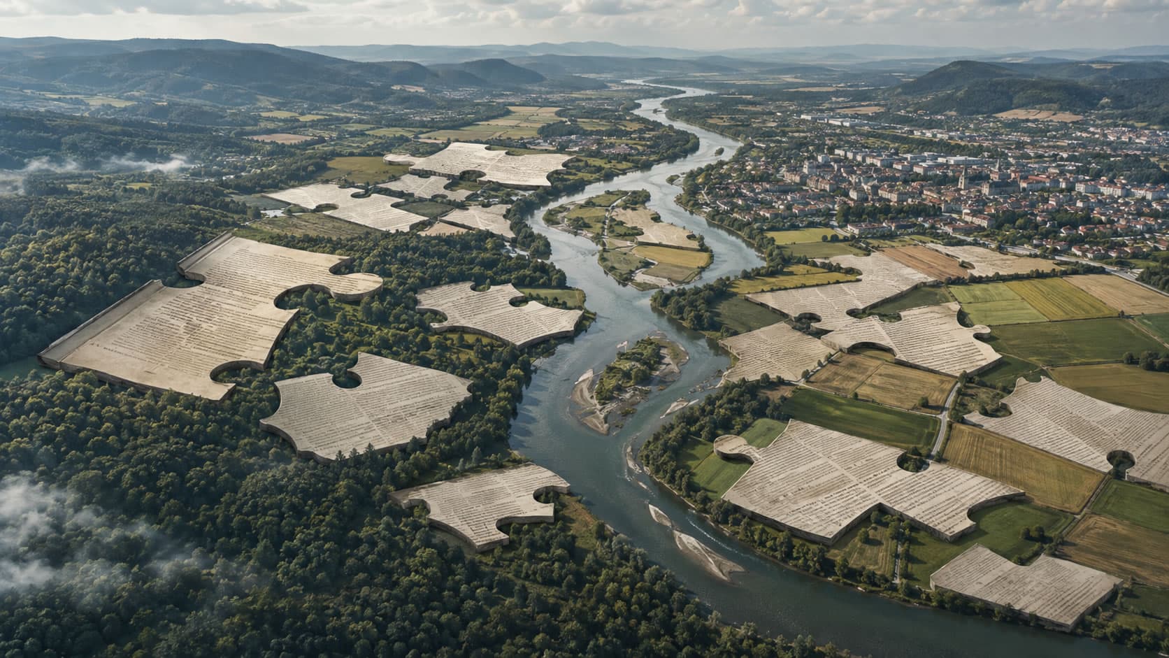Zusammenhängende Flusslandschaft mit fragmentierten, wie Gesetzestexte gestalteten Puzzleteilen.