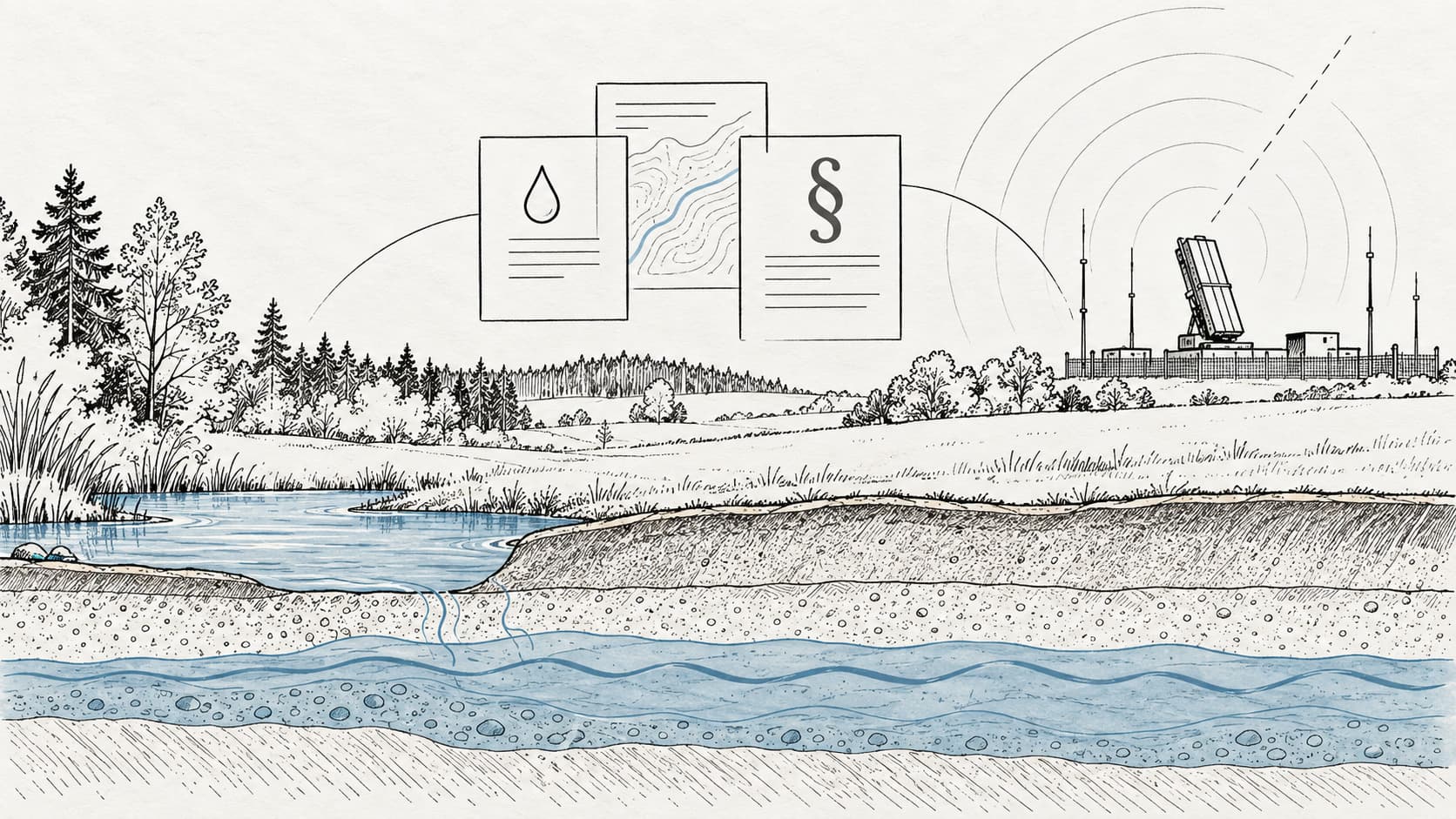 Symbolische Darstellung einer Radarstation in einer bewaldeten Landschaft zum Konflikt zwischen Umweltinformation und militärischer Geheimhaltung.