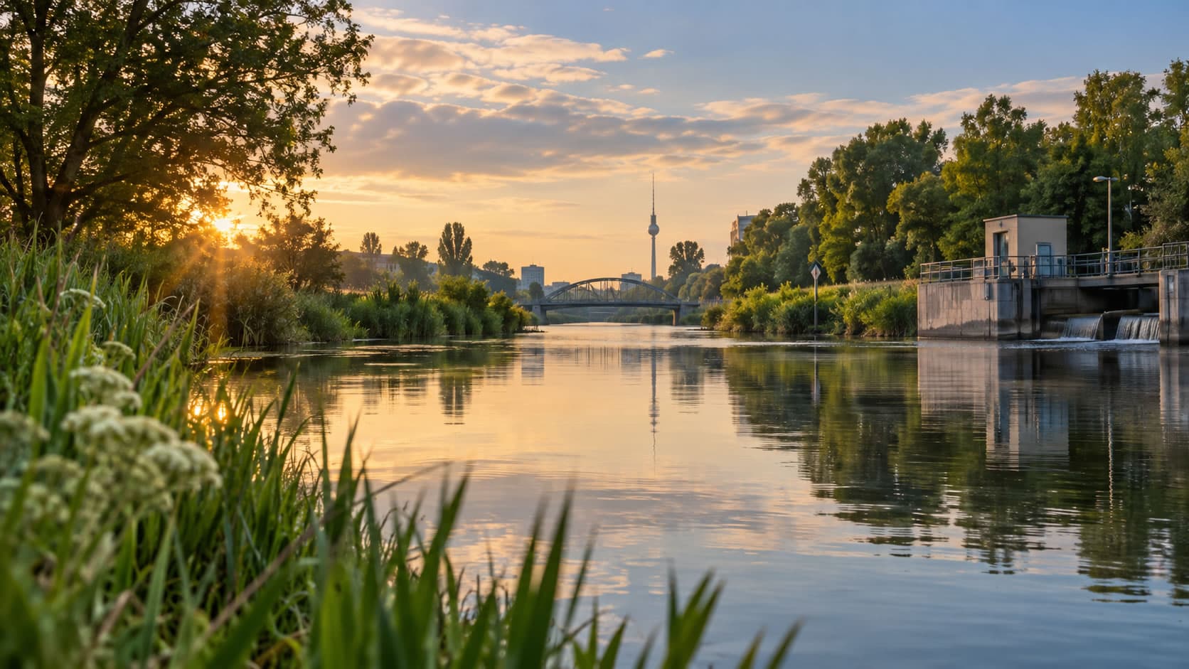 Flusslandschaft zwischen Ufervegetation und menschlicher Infrastruktur als Symbol für die Spree zwischen Ökosystem, Nutzung und rechtlicher Ordnung.