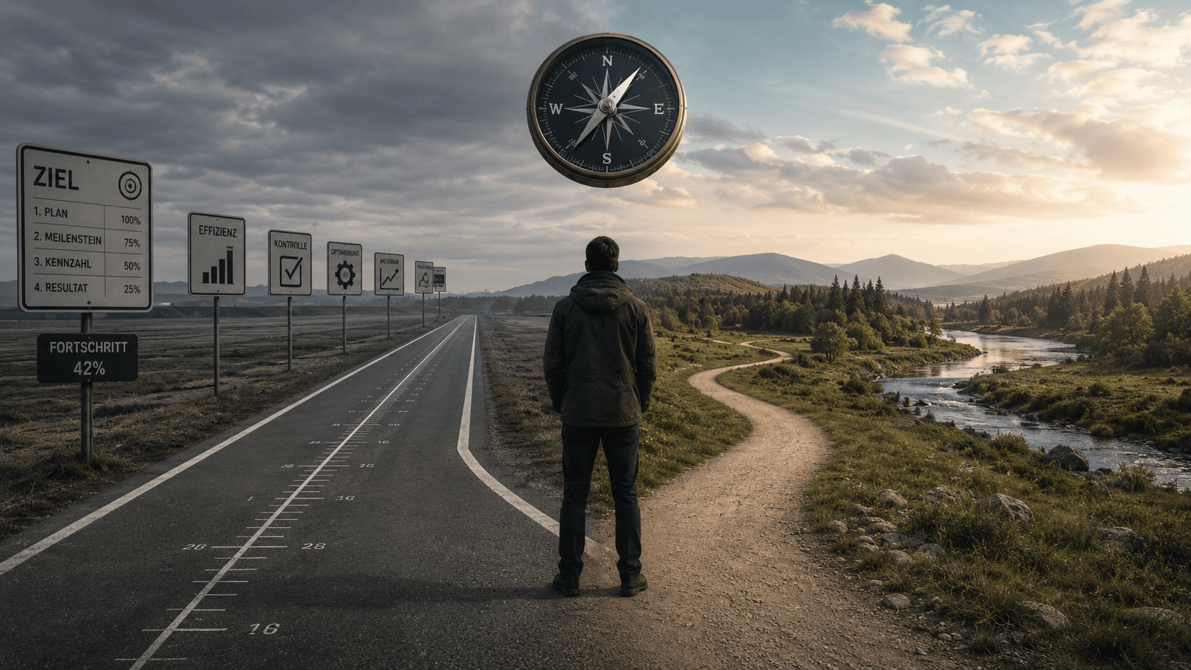 Mensch an einer Weggabelung zwischen vermessenem Zielpfad und offener Landschaft mit Kompass als Symbol für Orientierung.